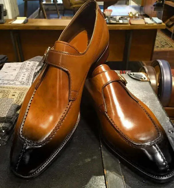 Men's Split Toe Shoes, Men's Brown Monk Straps Leather Shoes