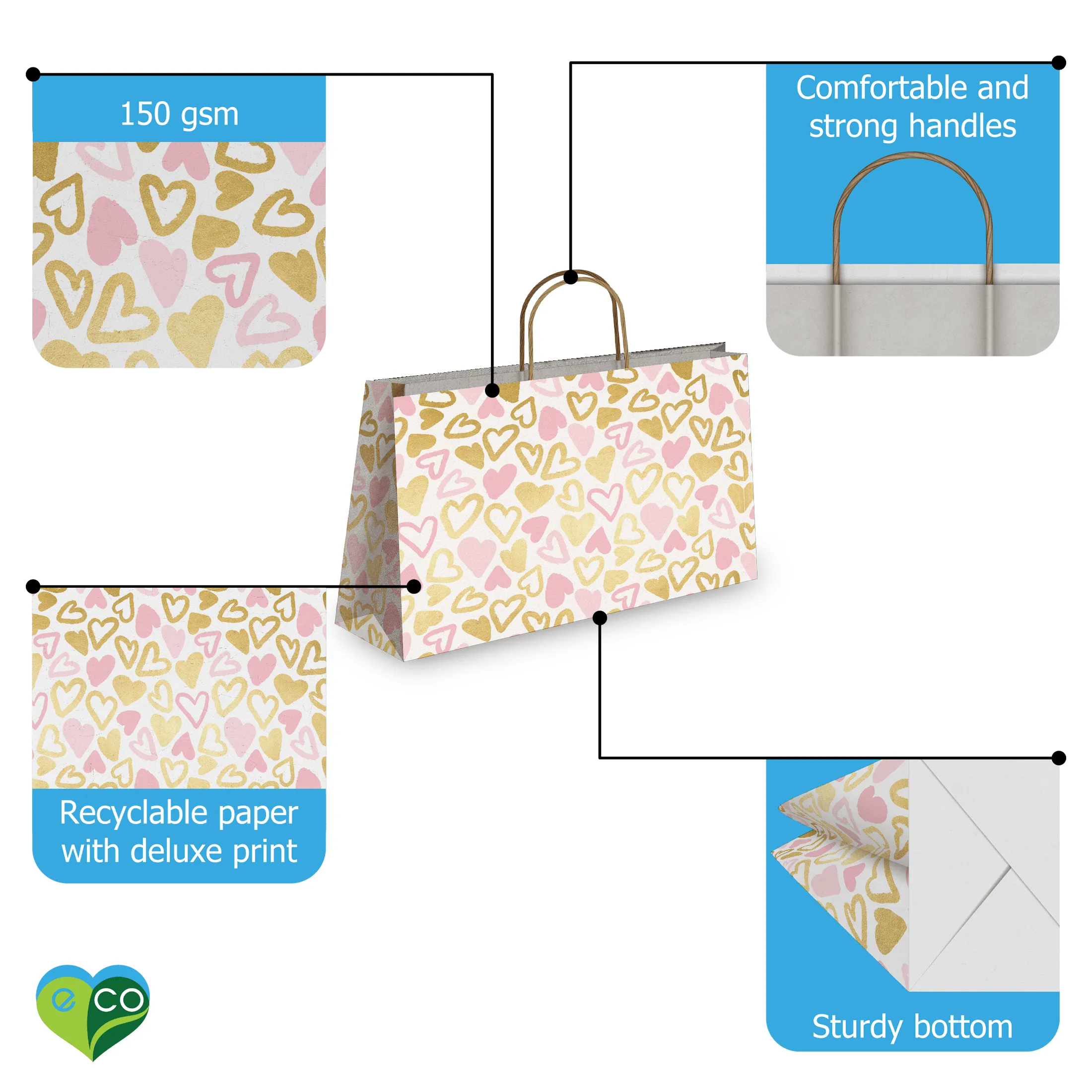 Pink and Gold Hearts Large Birthday Gift Bags Vogue Kraft Shopping Bags with Handles (11.5x16x6 inches)