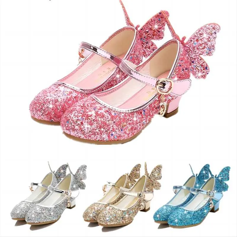 Princess Butterfly Leather Shoes Kids Diamond Bowknot High Heel Children Shoes - YGSD50509