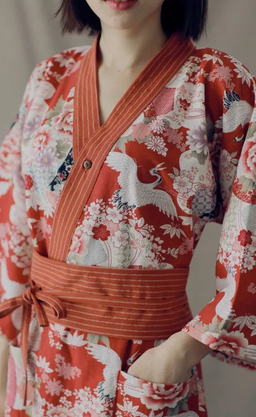 Red Crane Floral Women Casual Yukata