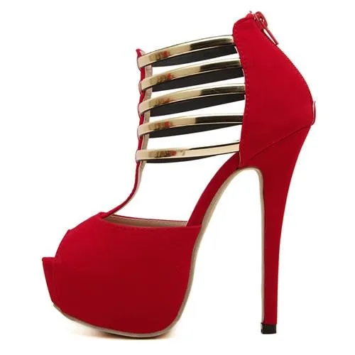 Summer fashion high-heeled shoes women metal decoration thin heels open toe high heels Shoes Pumps Red