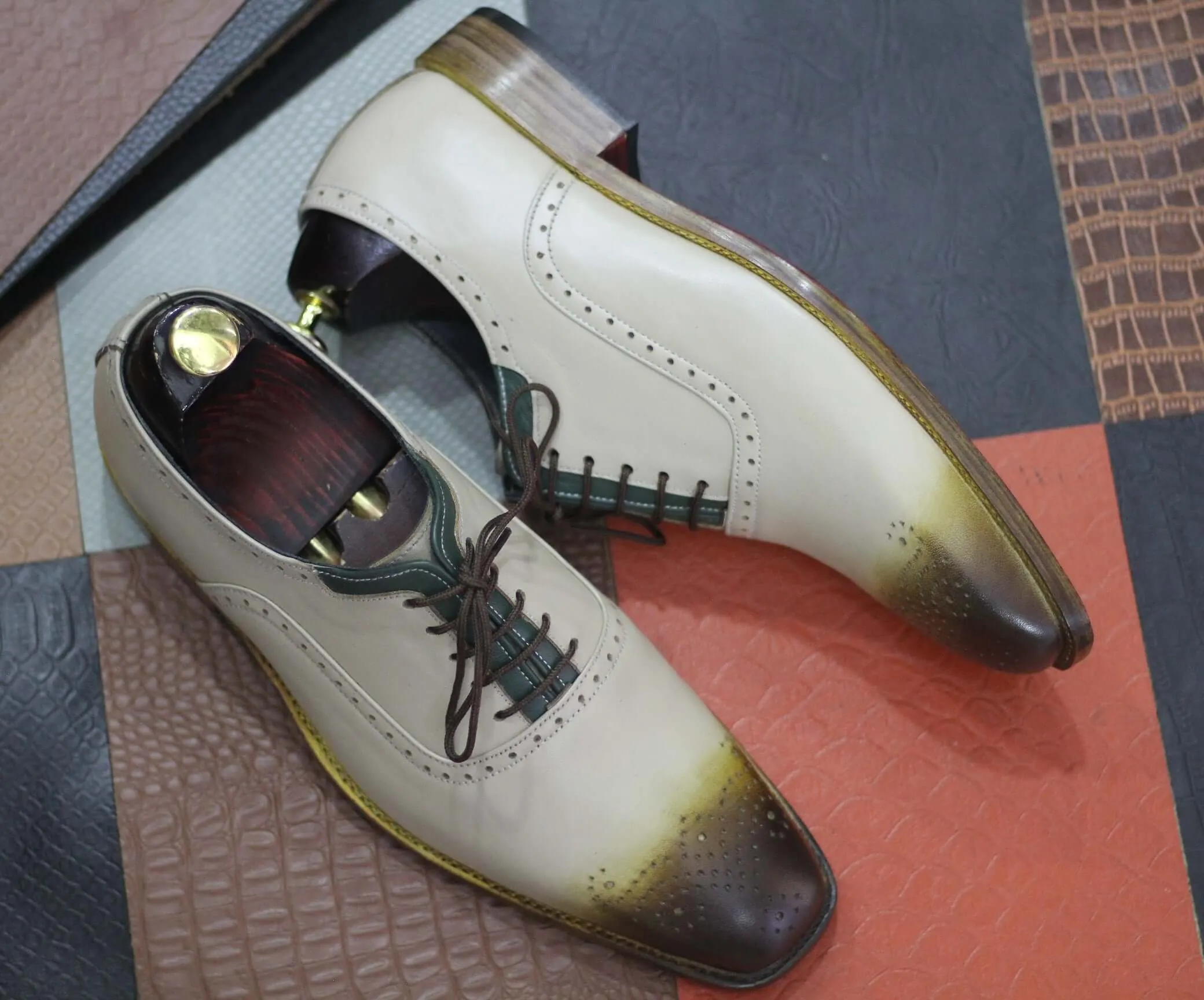 Two Tone Brogue Square Toe Lace Up Shoes Leather Shoes Handmade Mens Shoes