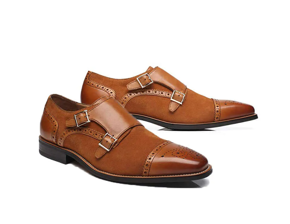 Two Tone Monk Shoes, Tan Leather & Suede Shoes, Men's Dress Classic Shoes