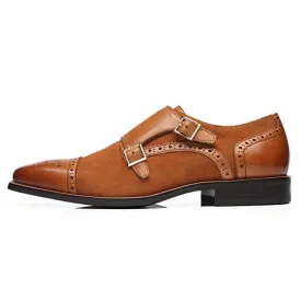 Two Tone Monk Shoes, Tan Leather & Suede Shoes, Men's Dress Classic Shoes