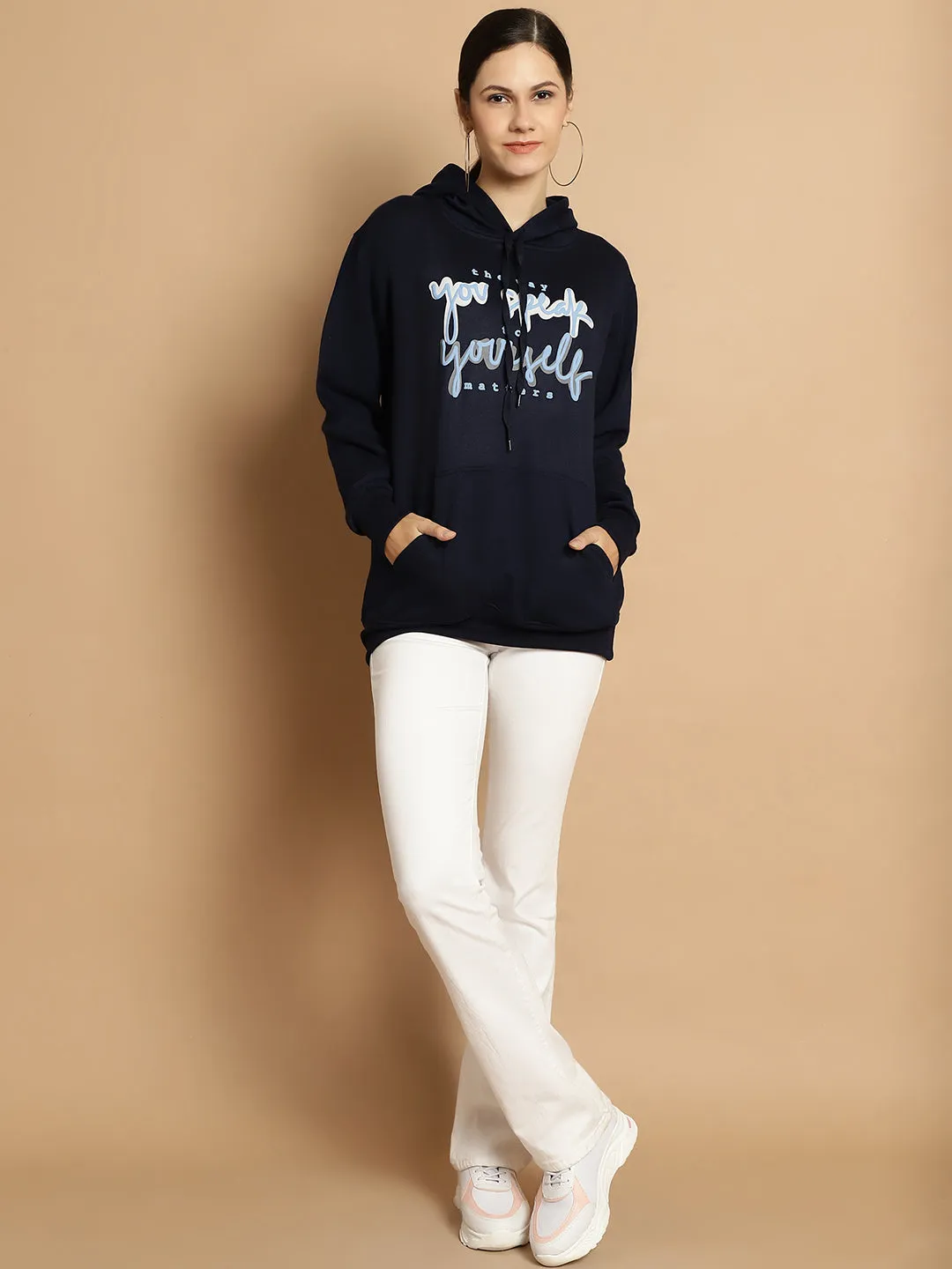 Vimal Jonney Navy Blue Printed Hooded Cotton Fleece Sweatshirt for Women