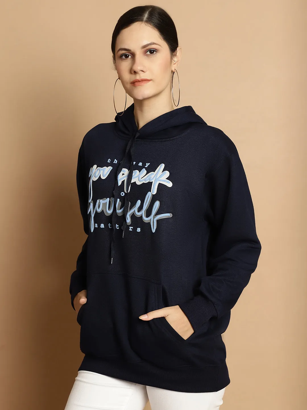 Vimal Jonney Navy Blue Printed Hooded Cotton Fleece Sweatshirt for Women