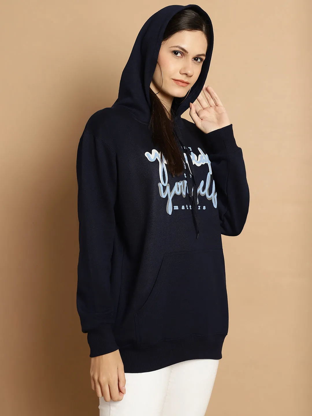 Vimal Jonney Navy Blue Printed Hooded Cotton Fleece Sweatshirt for Women