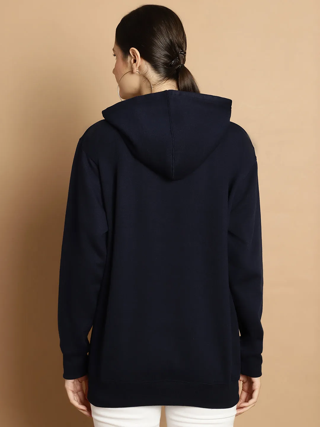 Vimal Jonney Navy Blue Printed Hooded Cotton Fleece Sweatshirt for Women