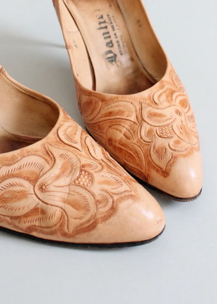 Vintage 1950s Tooled Leather Shoes Size 8.5