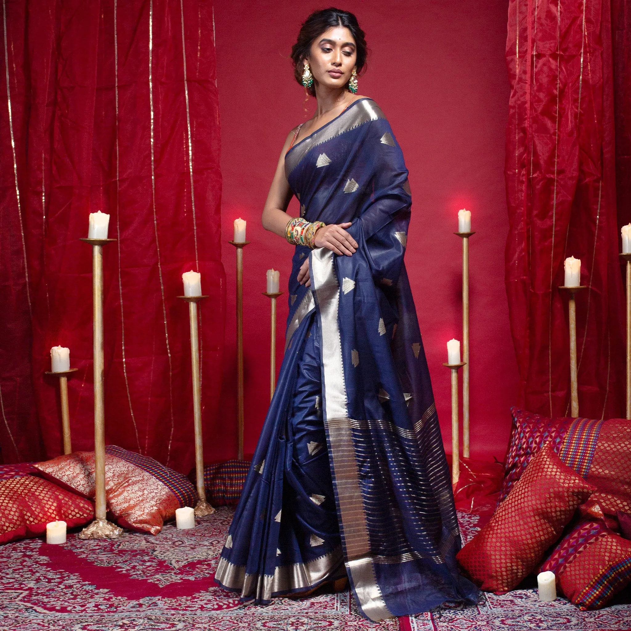 Women Banarasi Kora Organza Saree In Blue Color With Triangle Zari Motifs And Border