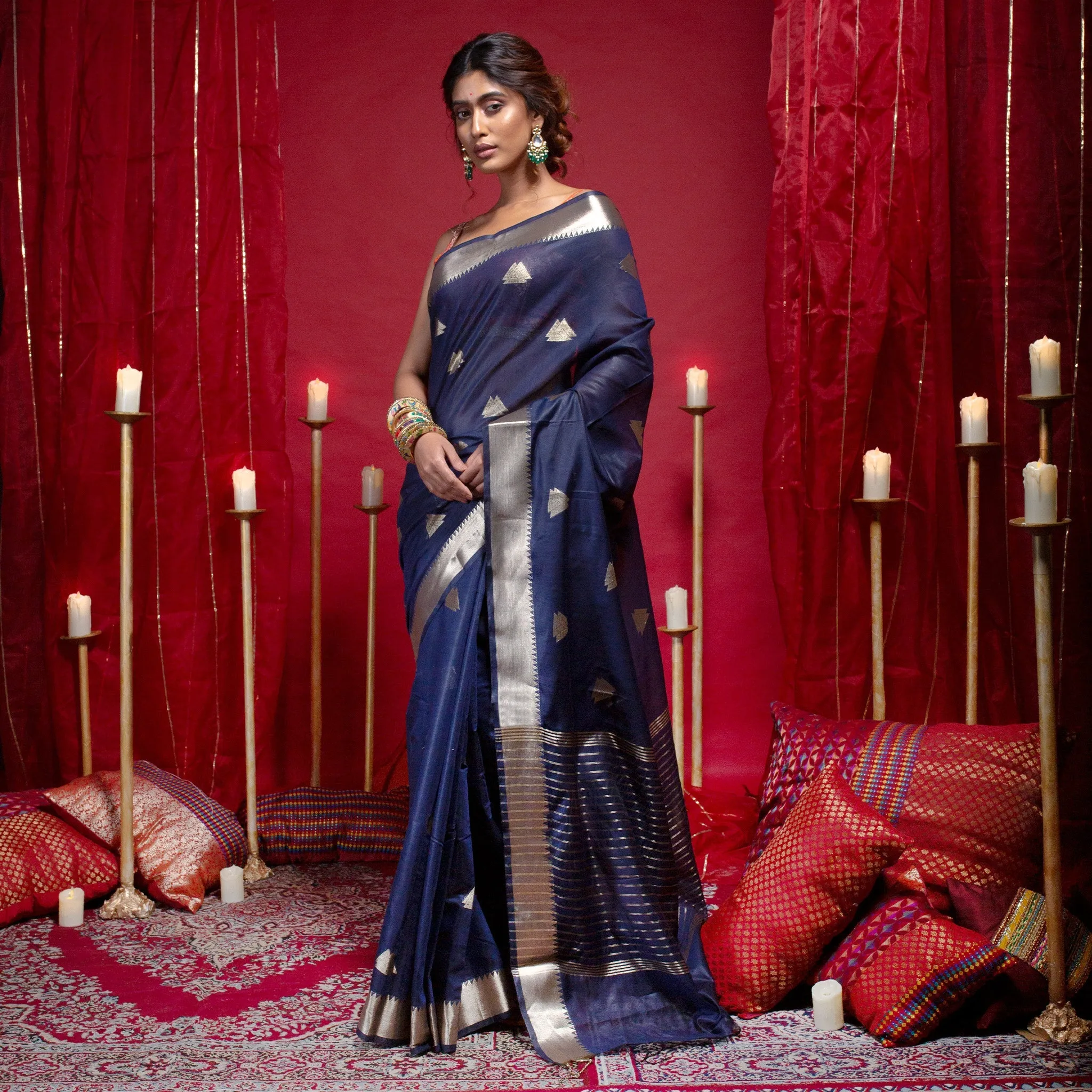 Women Banarasi Kora Organza Saree In Blue Color With Triangle Zari Motifs And Border