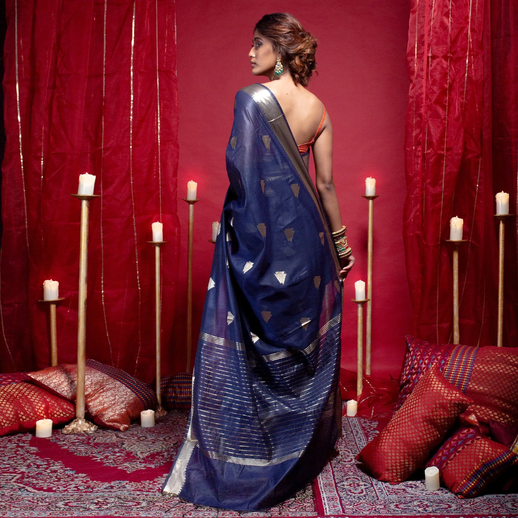 Women Banarasi Kora Organza Saree In Blue Color With Triangle Zari Motifs And Border