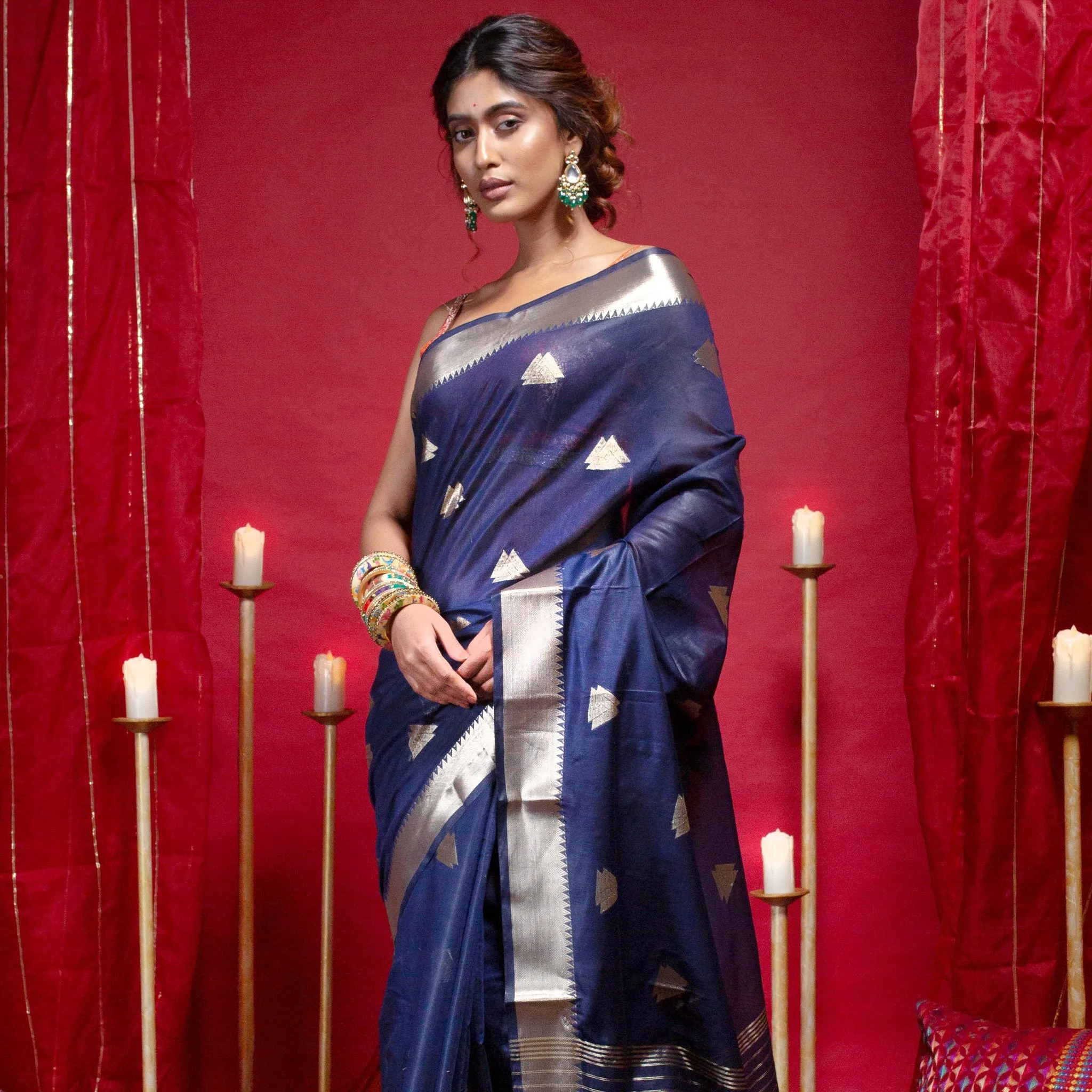 Women Banarasi Kora Organza Saree In Blue Color With Triangle Zari Motifs And Border