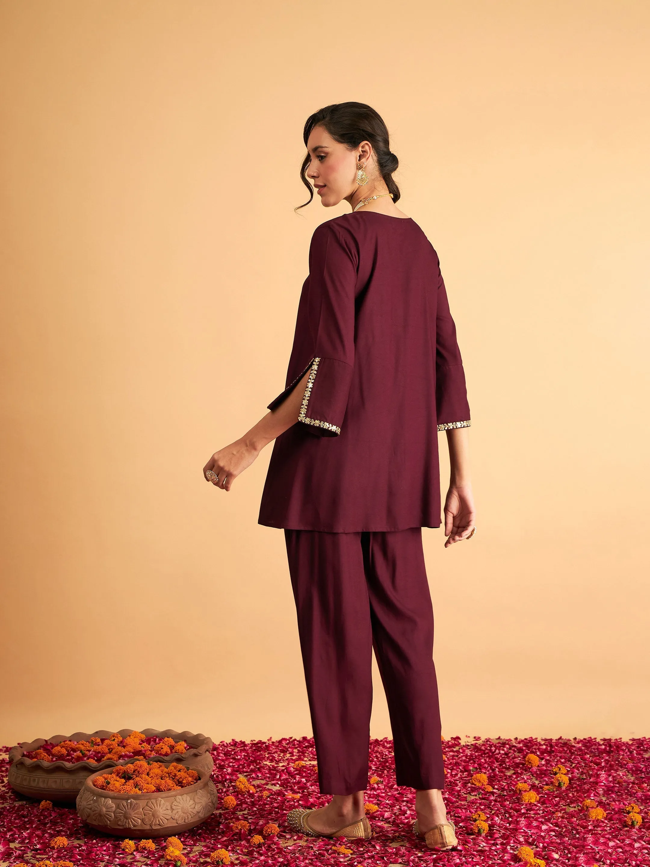 Women Burgundy Embroidered A Line Top With Pants