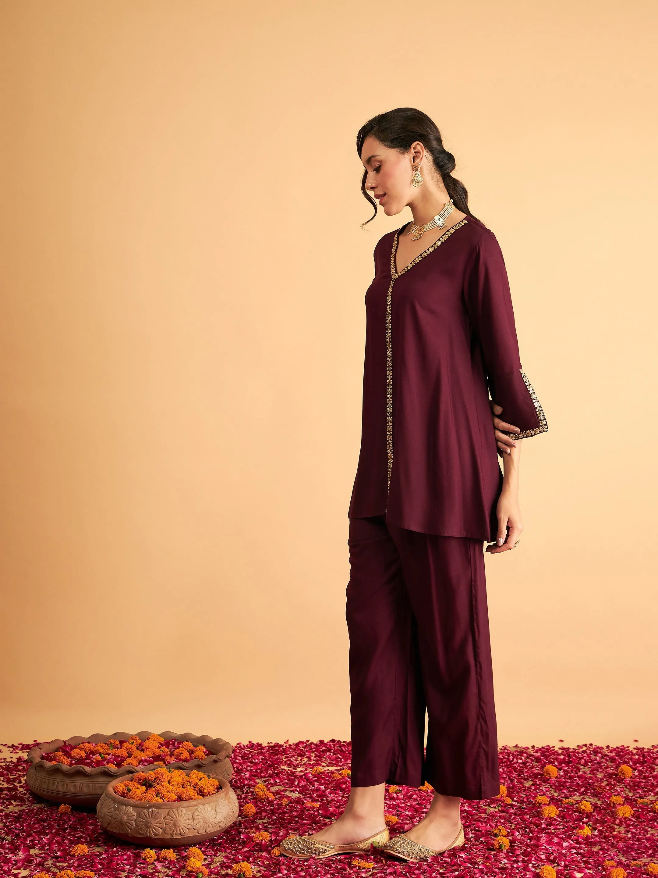 Women Burgundy Embroidered A Line Top With Pants