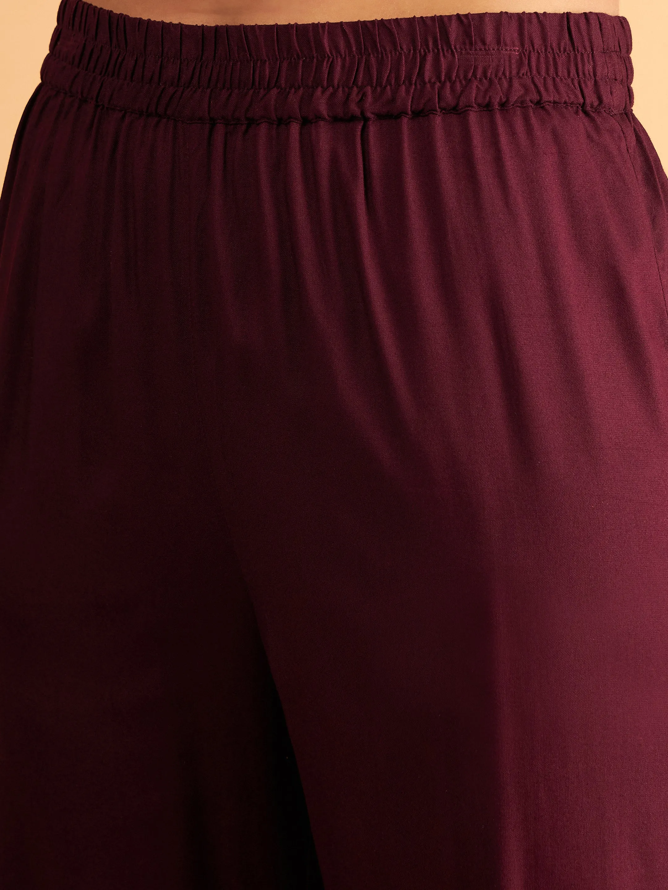 Women Burgundy Embroidered A Line Top With Pants