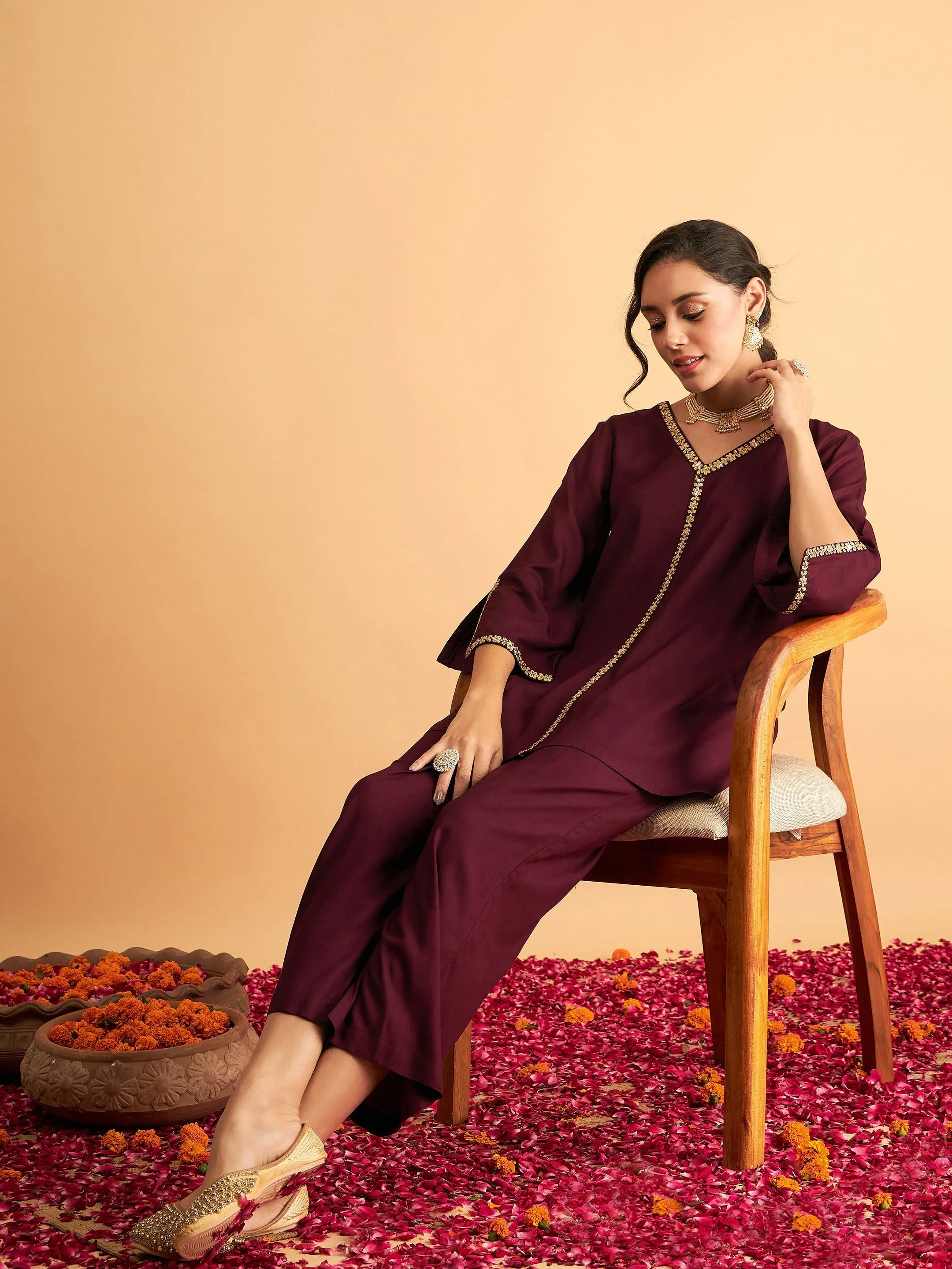 Women Burgundy Embroidered A Line Top With Pants