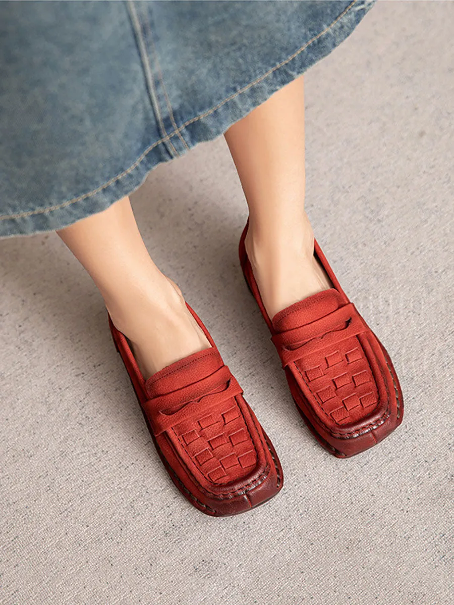 Women Casual Leather Square Toe Weave Platform Shoes