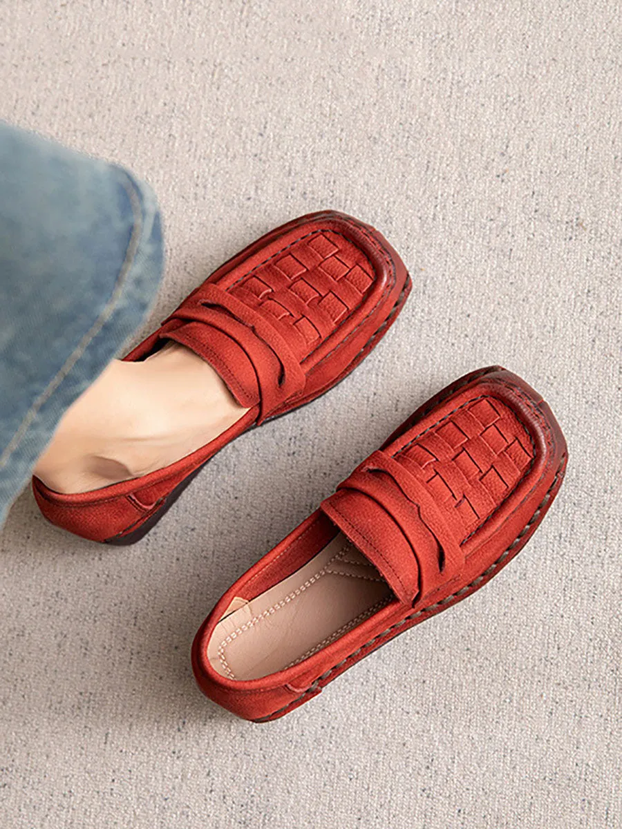 Women Casual Leather Square Toe Weave Platform Shoes