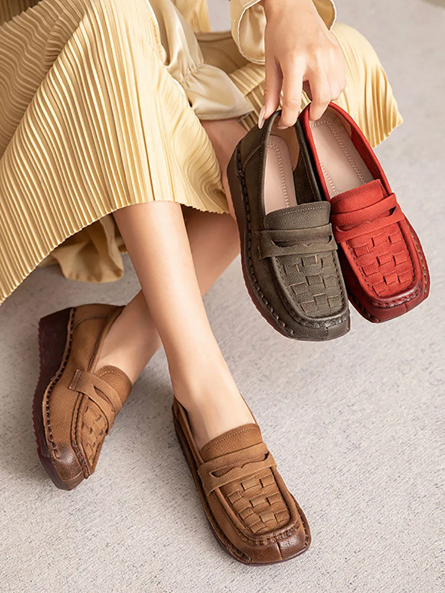 Women Casual Leather Square Toe Weave Platform Shoes