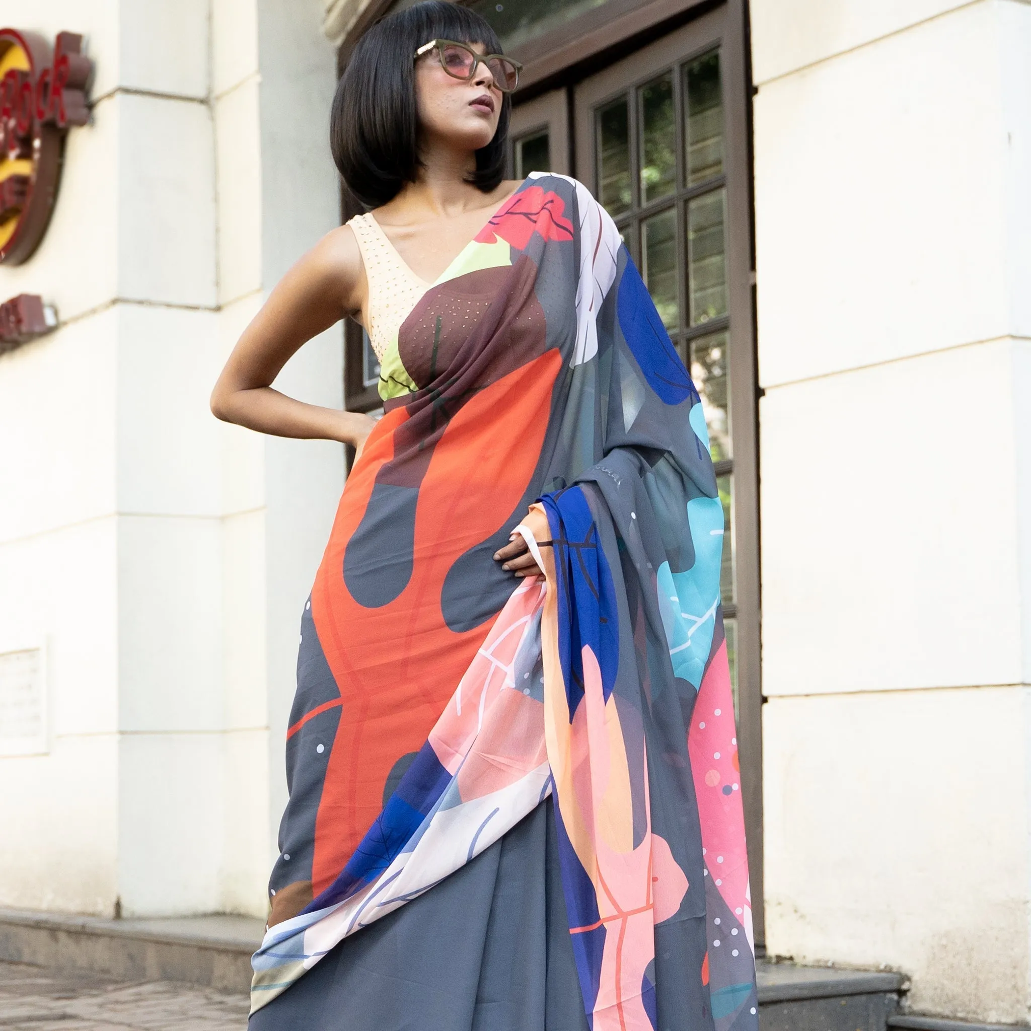 Women Midnight Caribbean Jungle Digital Printed Satin Georgette Saree