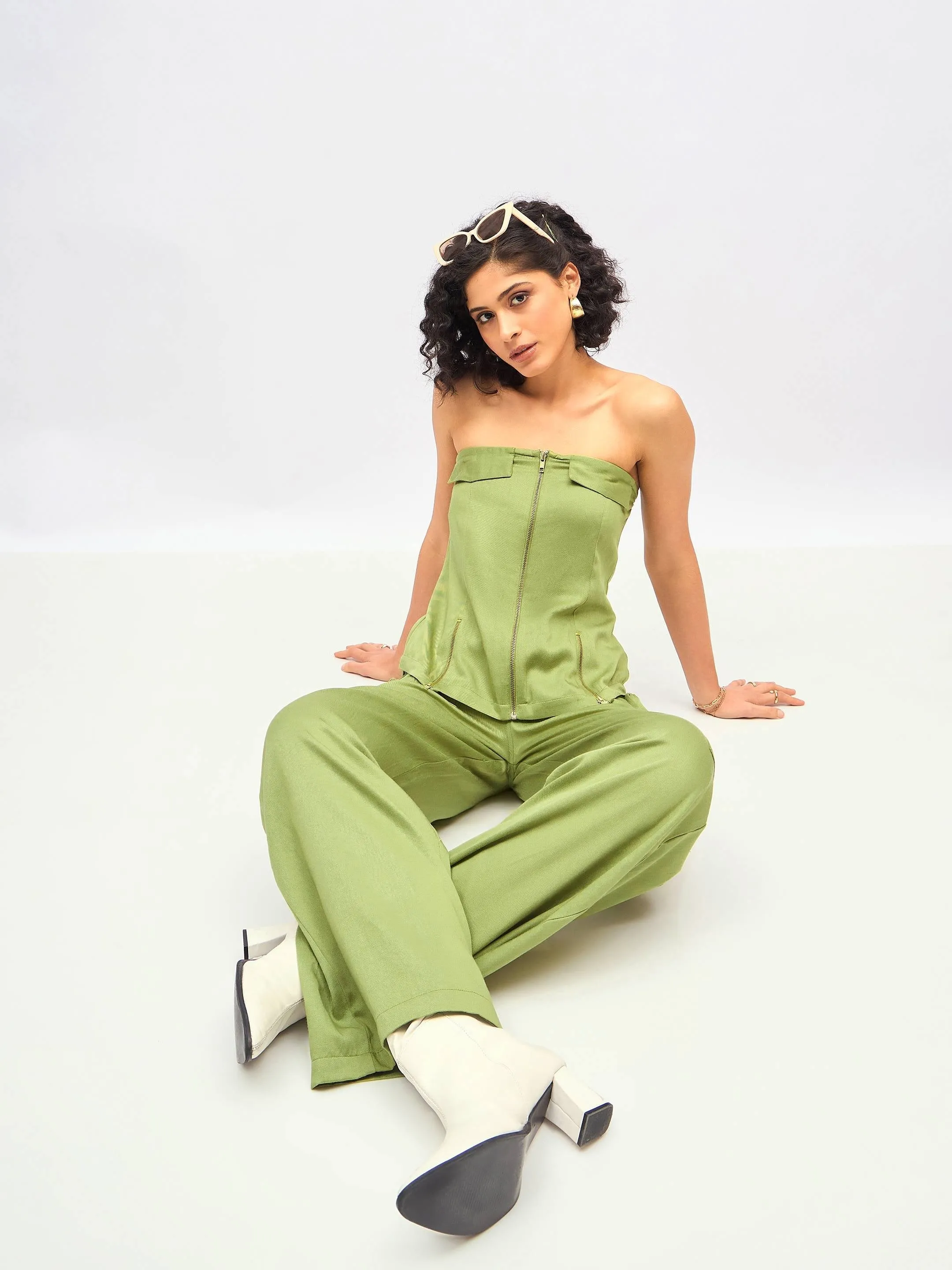 Women Olive Twill Front Zip Corset Top With Cargo Pants