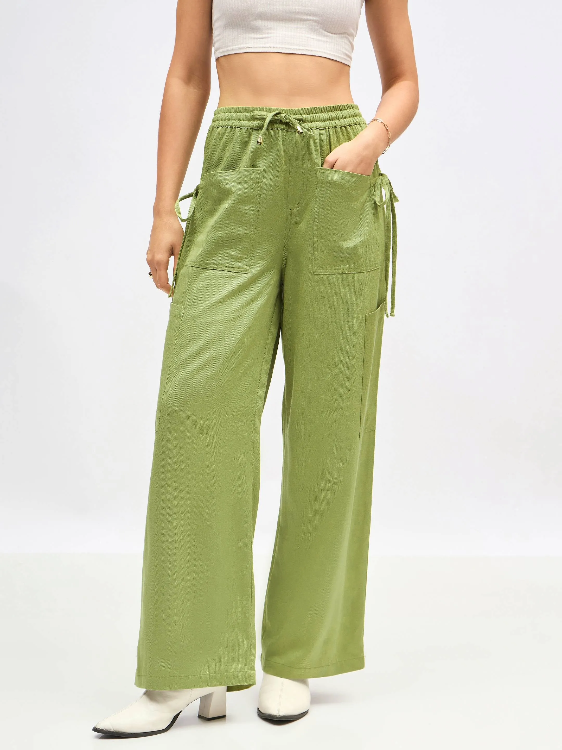 Women Olive Twill Front Zip Corset Top With Cargo Pants