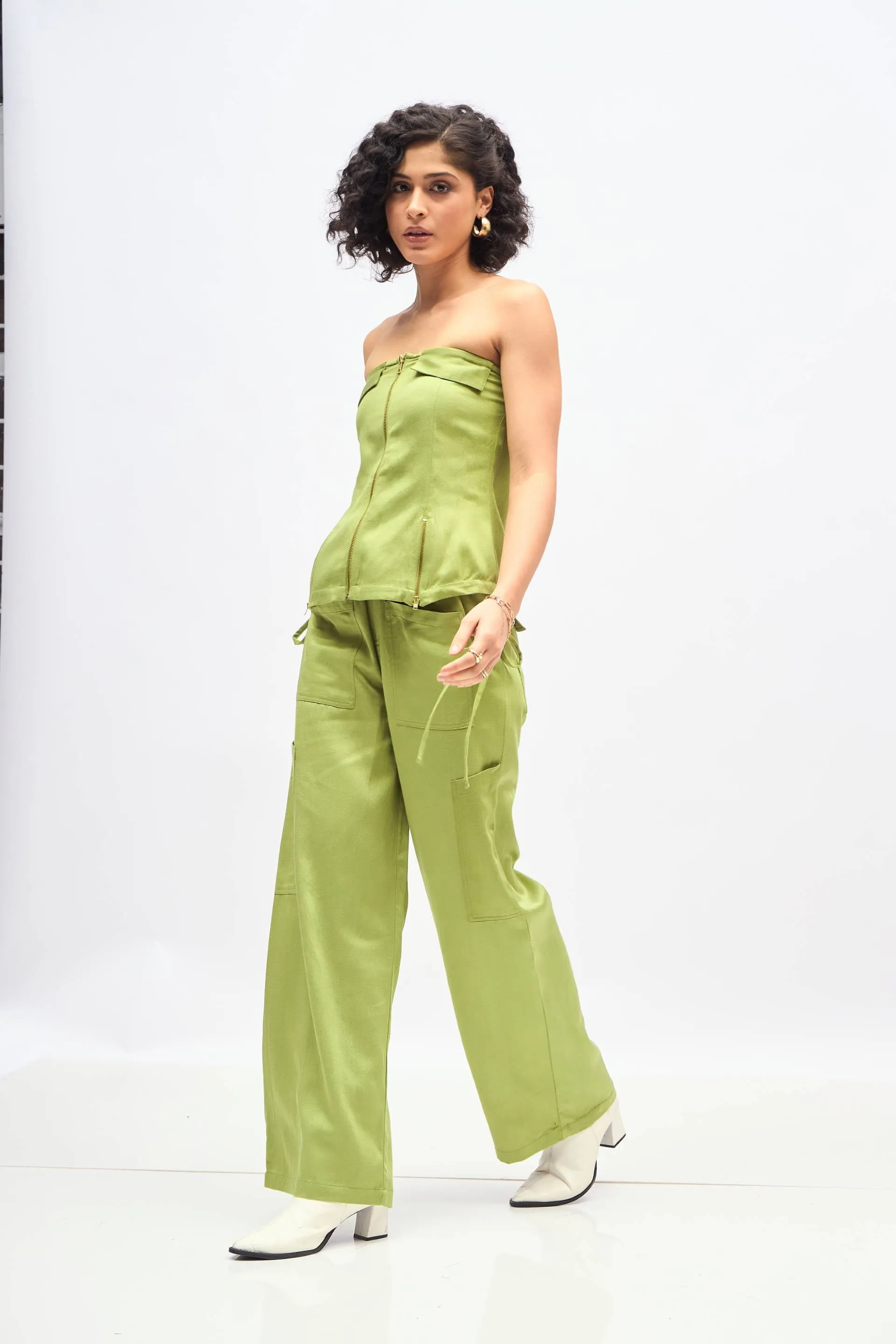 Women Olive Twill Front Zip Corset Top With Cargo Pants