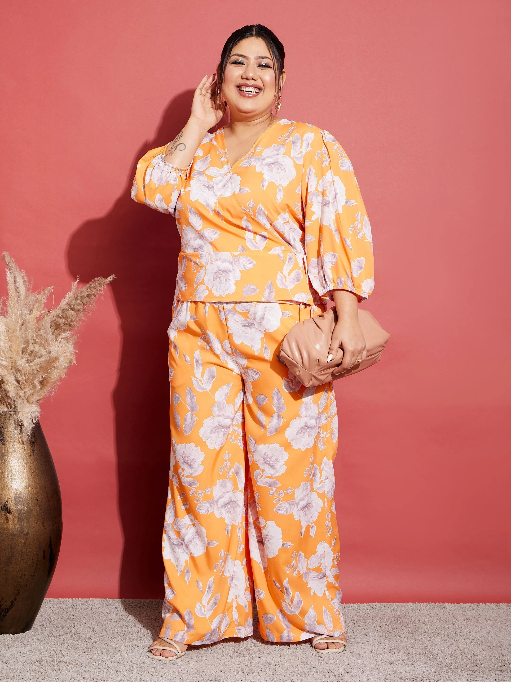 Women Orange Floral Wrap Top With Straight Pants