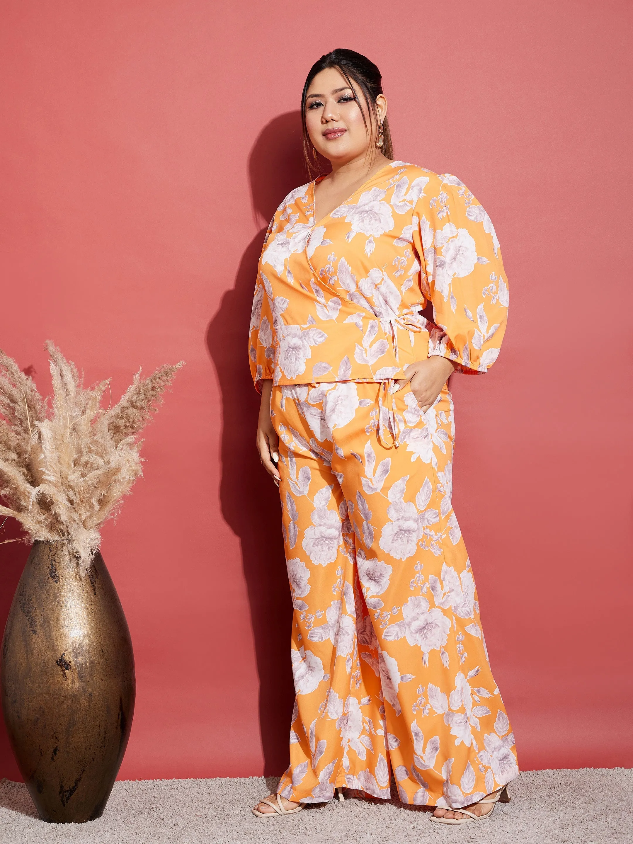 Women Orange Floral Wrap Top With Straight Pants