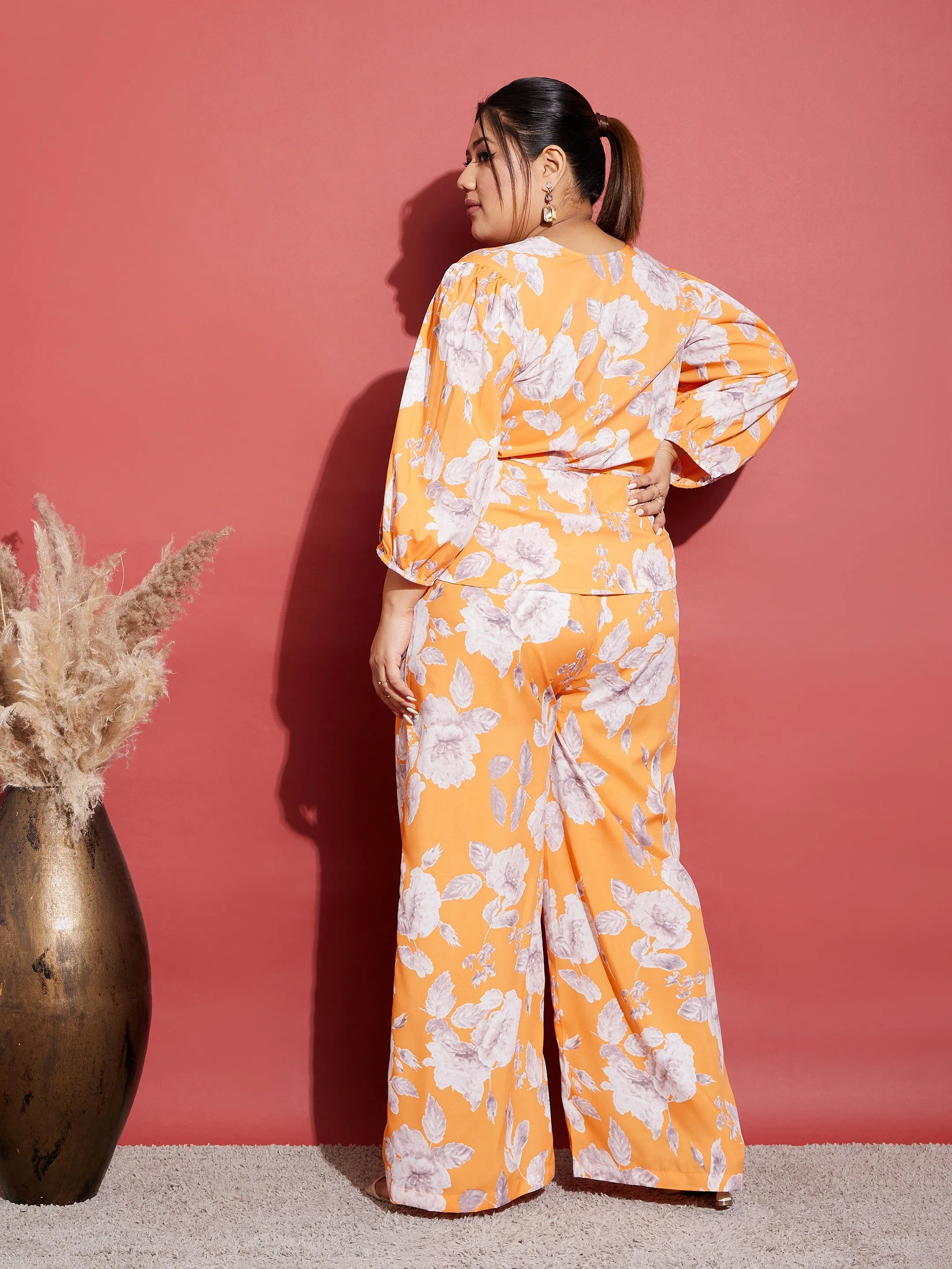 Women Orange Floral Wrap Top With Straight Pants