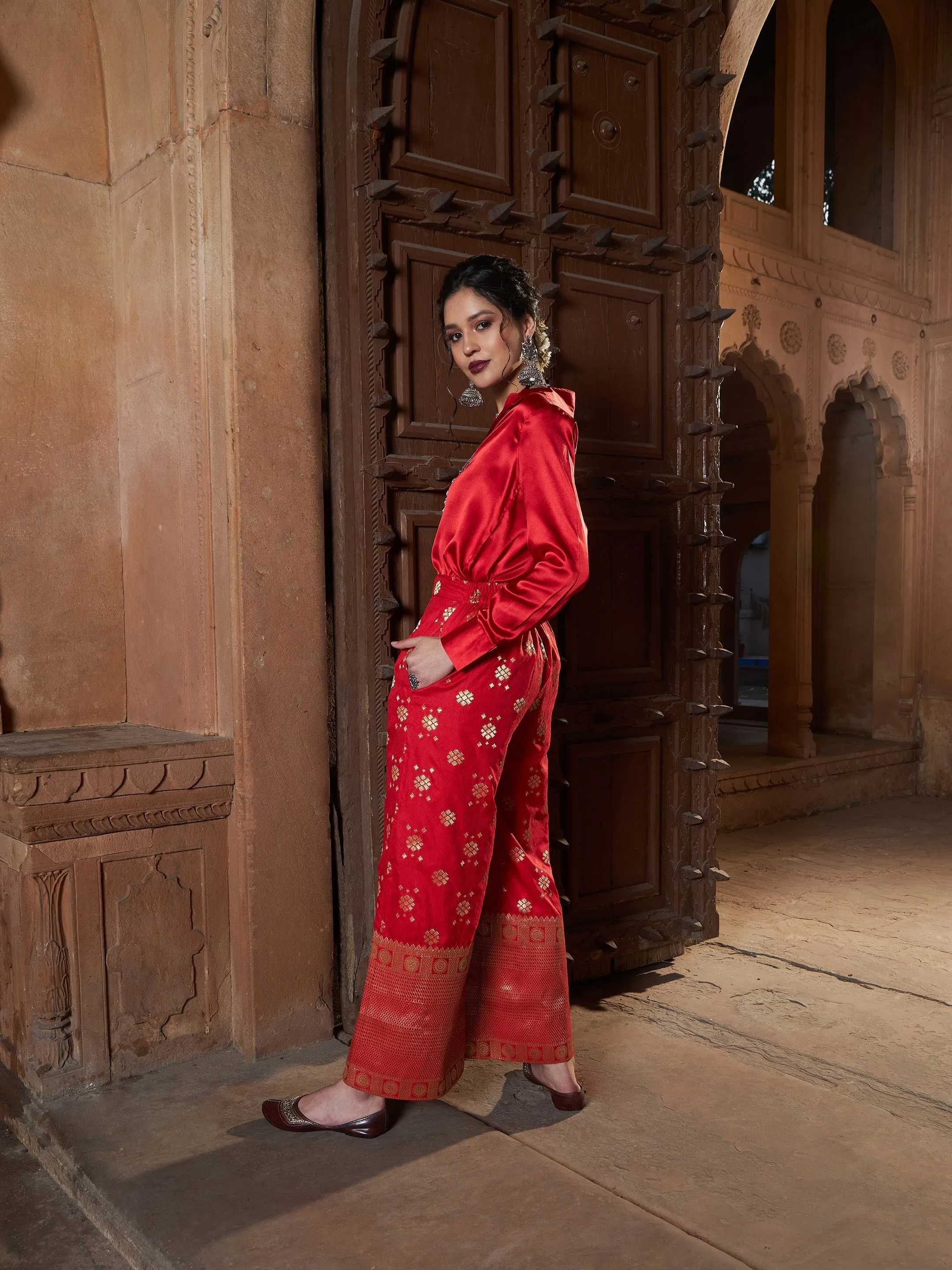 Women Red Satin Shirt With Brocade Palazzos