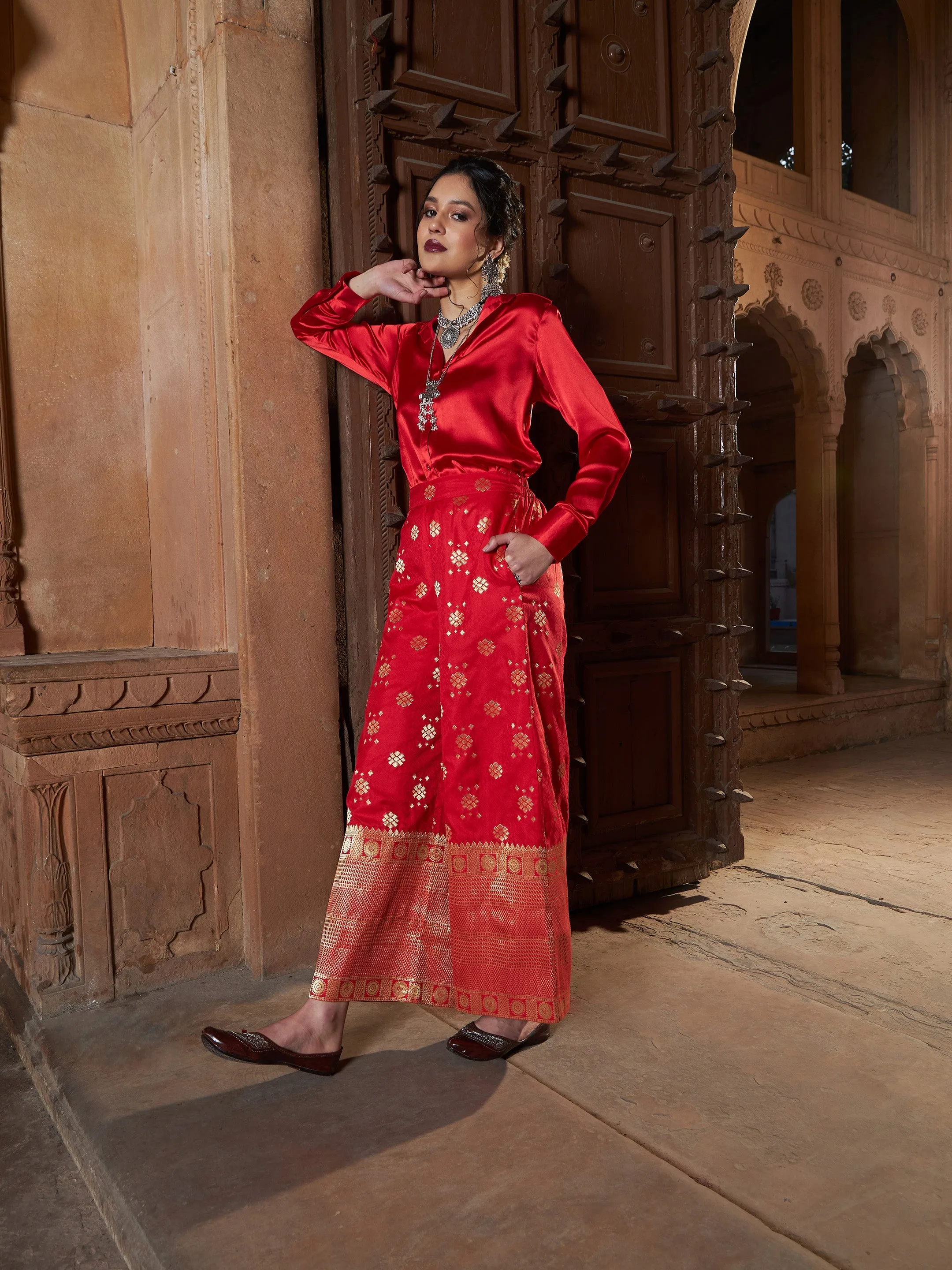 Women Red Satin Shirt With Brocade Palazzos