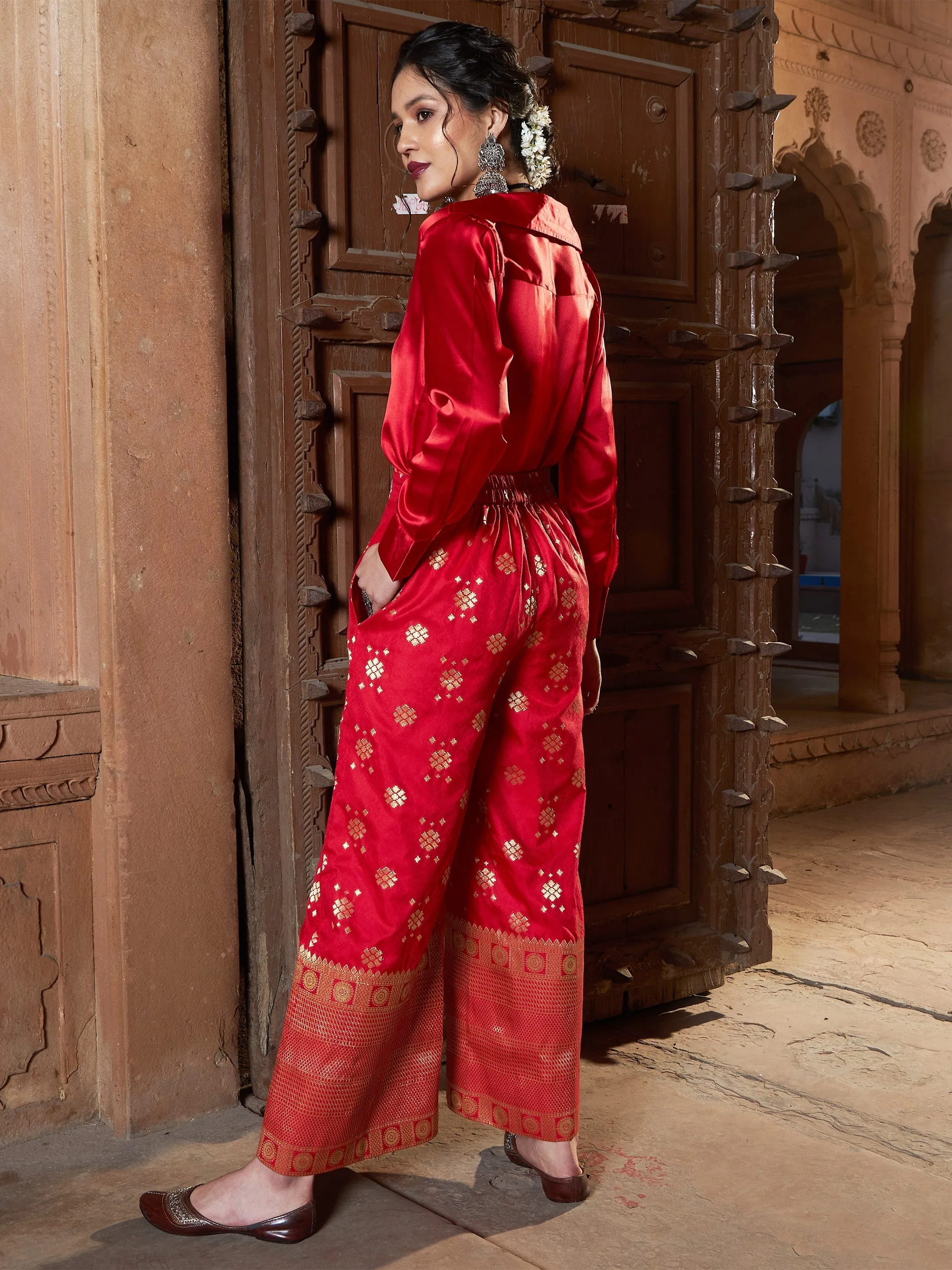 Women Red Satin Shirt With Brocade Palazzos