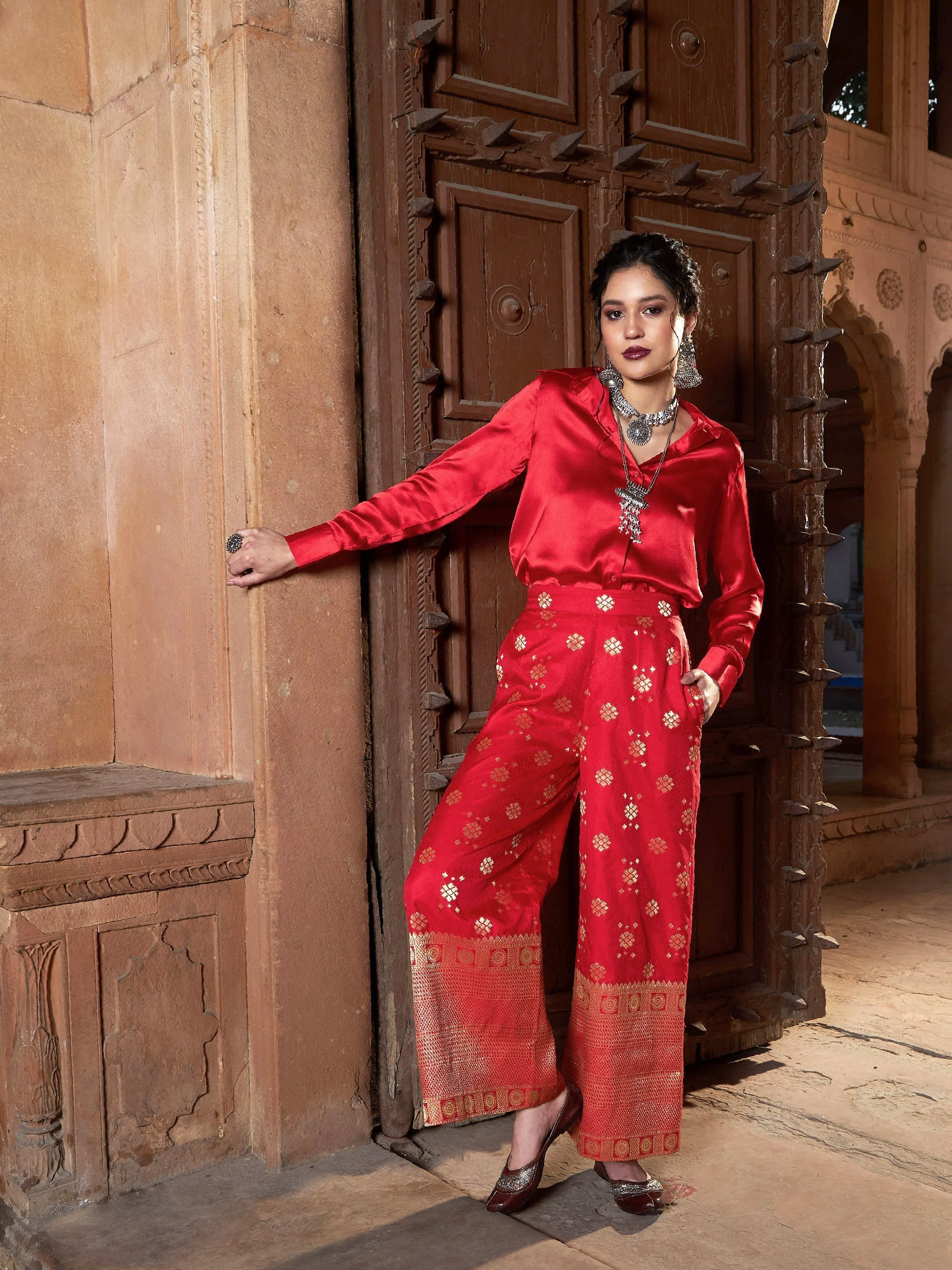 Women Red Satin Shirt With Brocade Palazzos