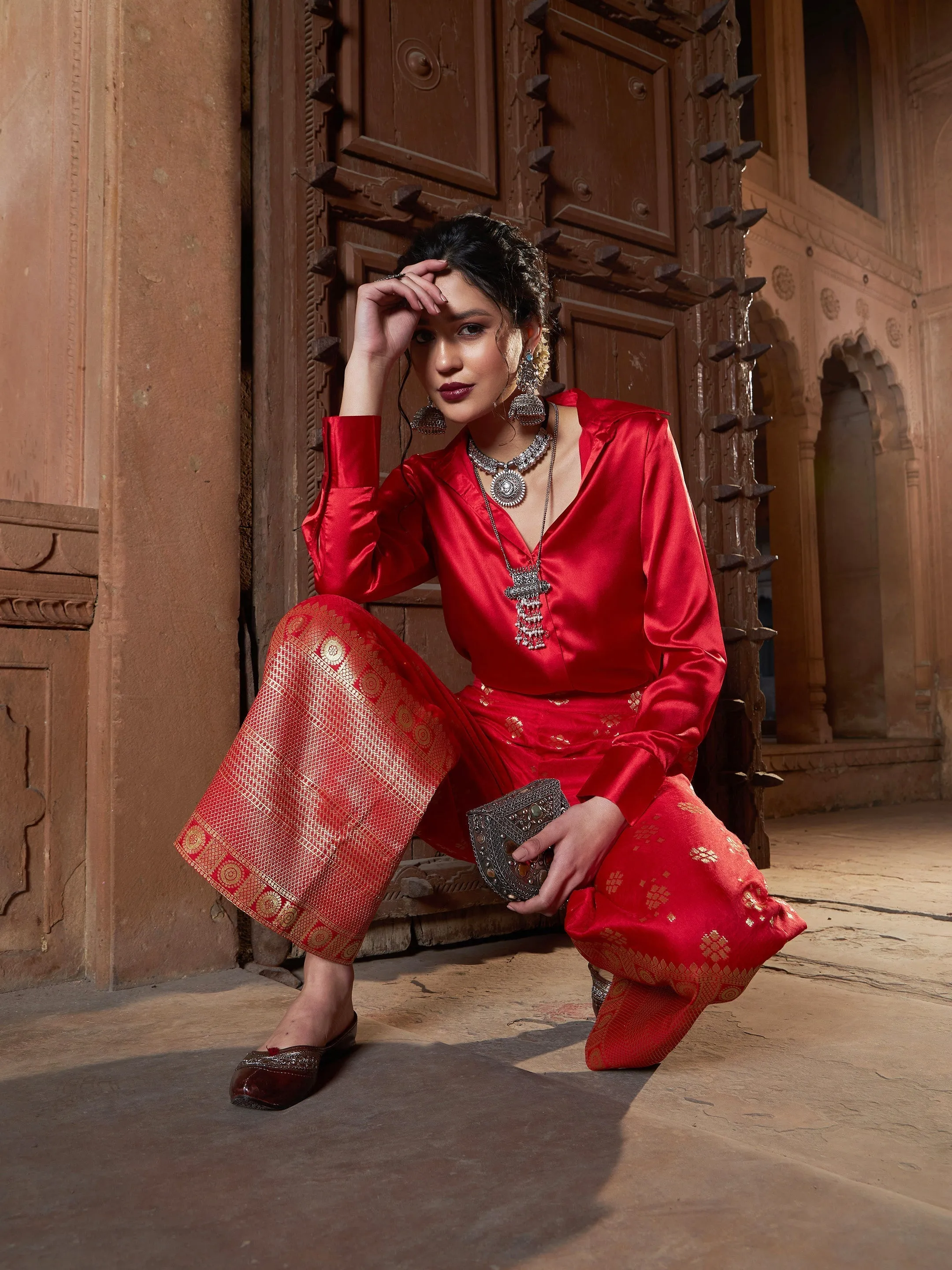 Women Red Satin Shirt With Brocade Palazzos