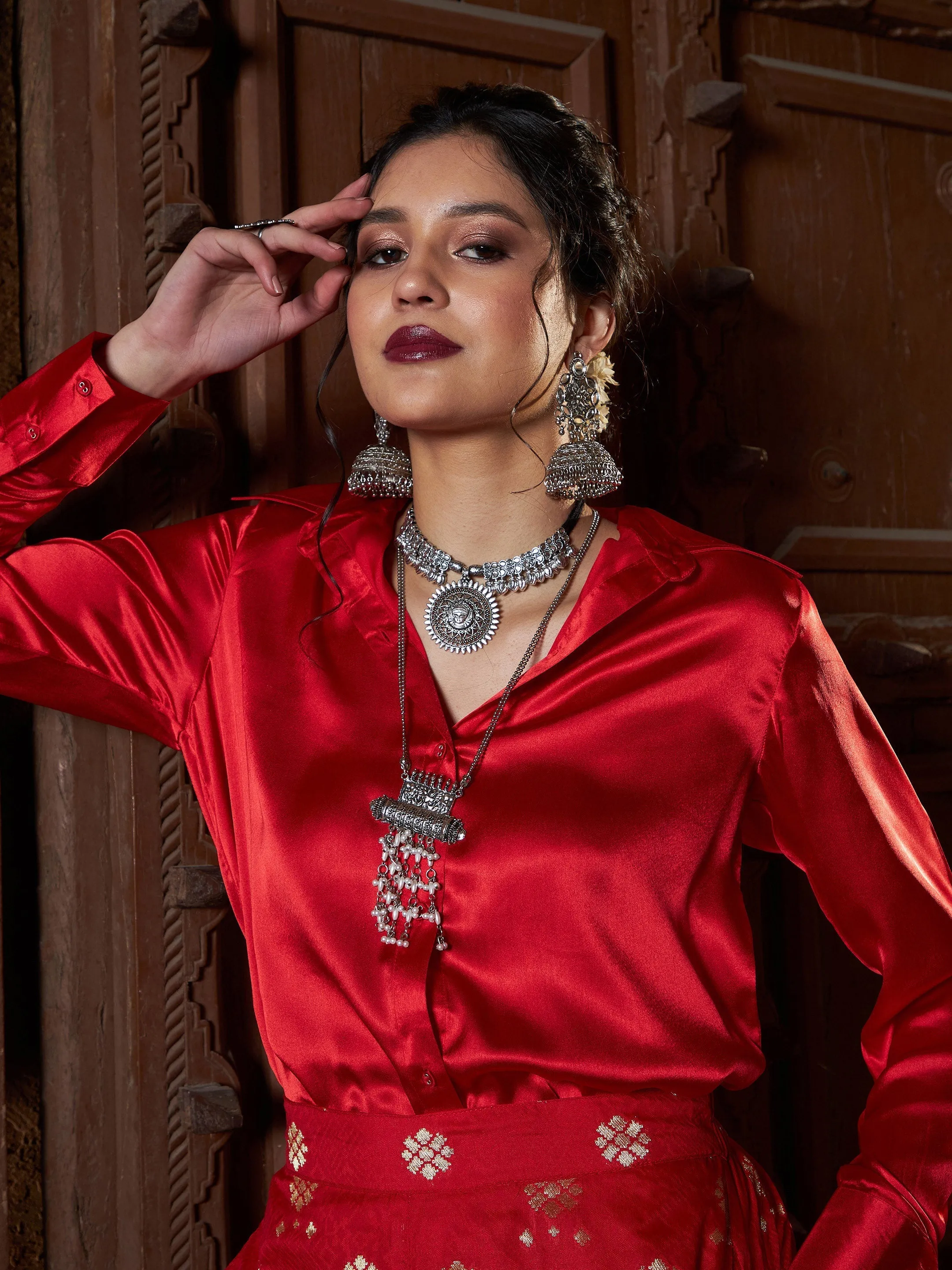 Women Red Satin Shirt With Brocade Palazzos