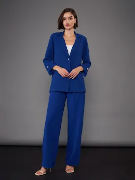 Women Royal Blue Front Button Blazer With Pleated Pants