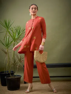 Women Rust All Over Embroidered Shirt With Palazzos