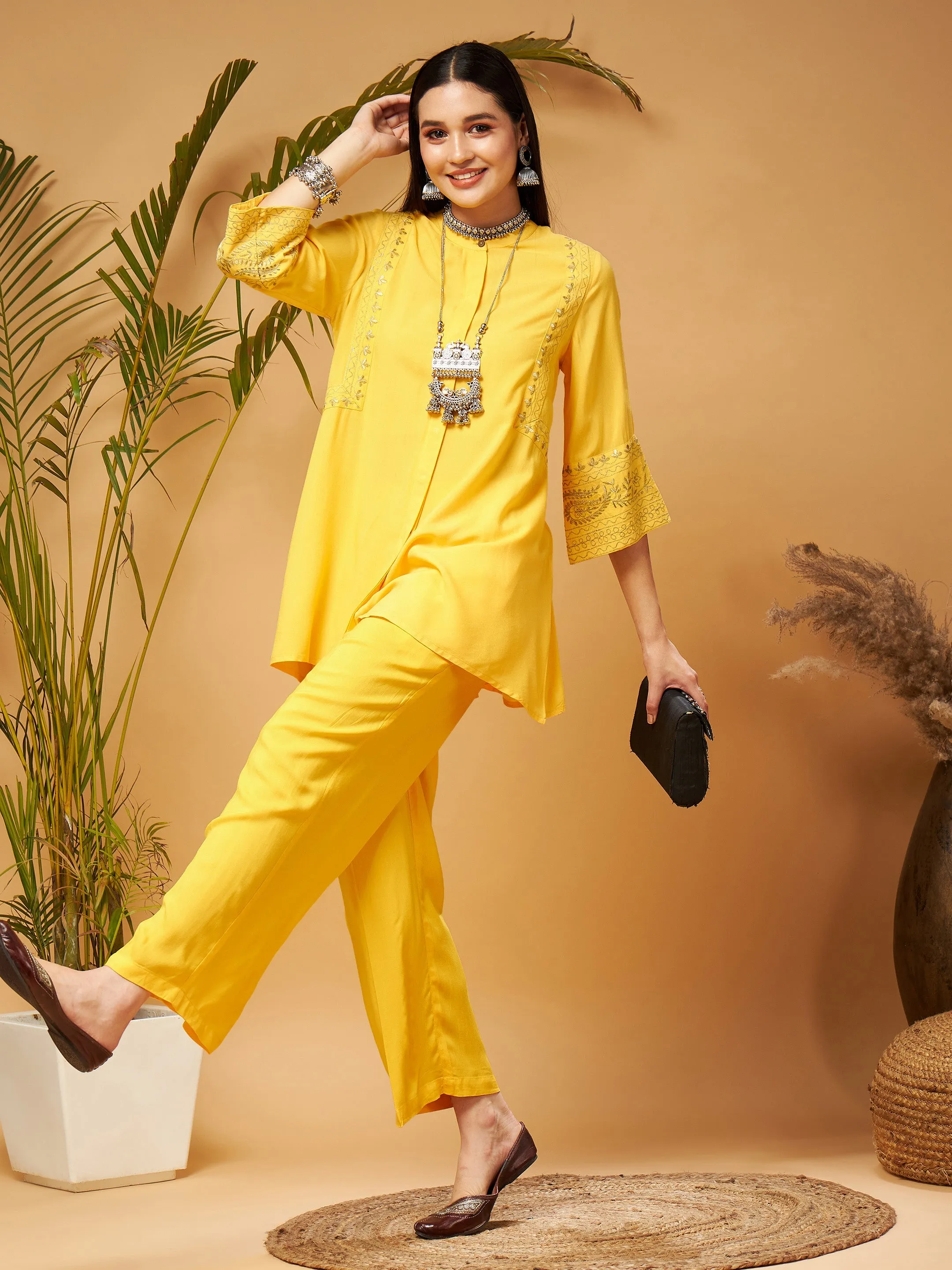 Women Yellow Embroidered Top With Palazzos